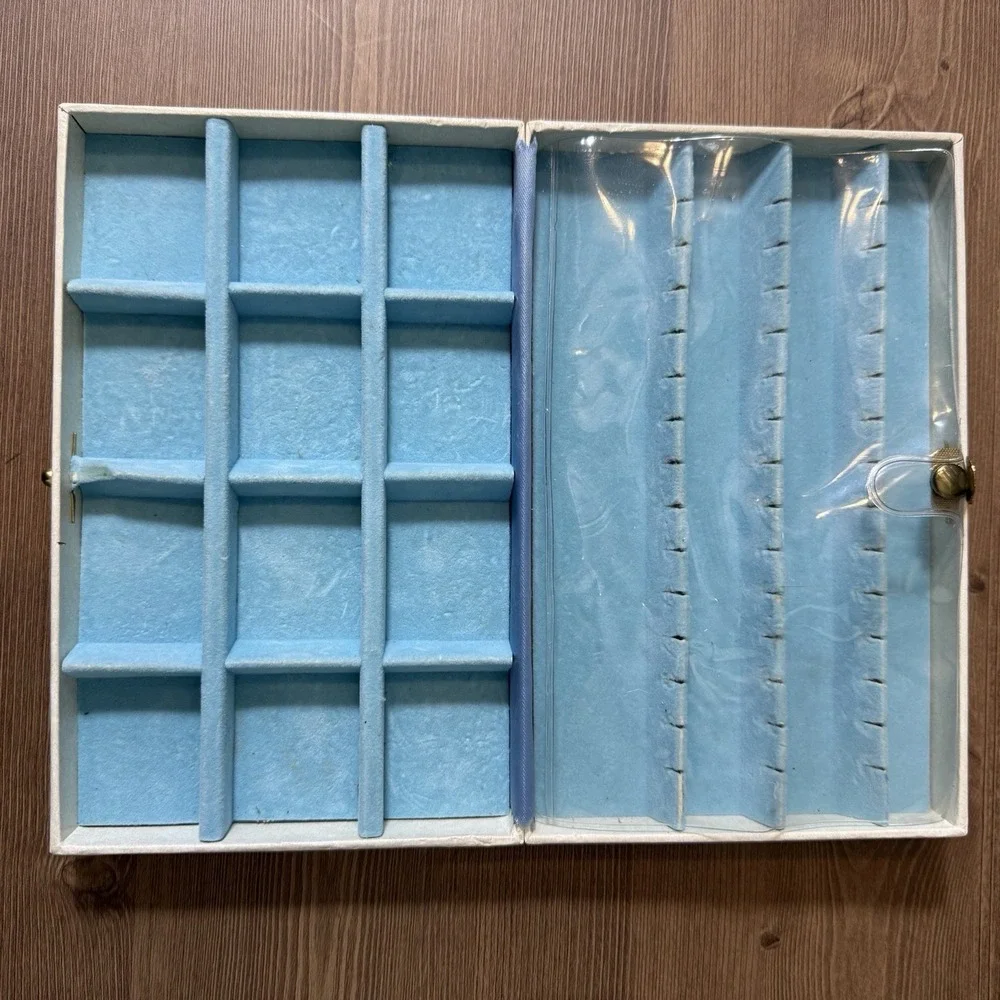 Vintage Lady Buxton Hinged Travel Case Cream White Blue Lined